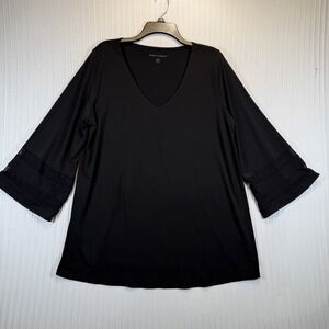 Jessica London Blouse Women Black 14/16 Top 3/4 Bell Sleeves V-Neck Chic Classic